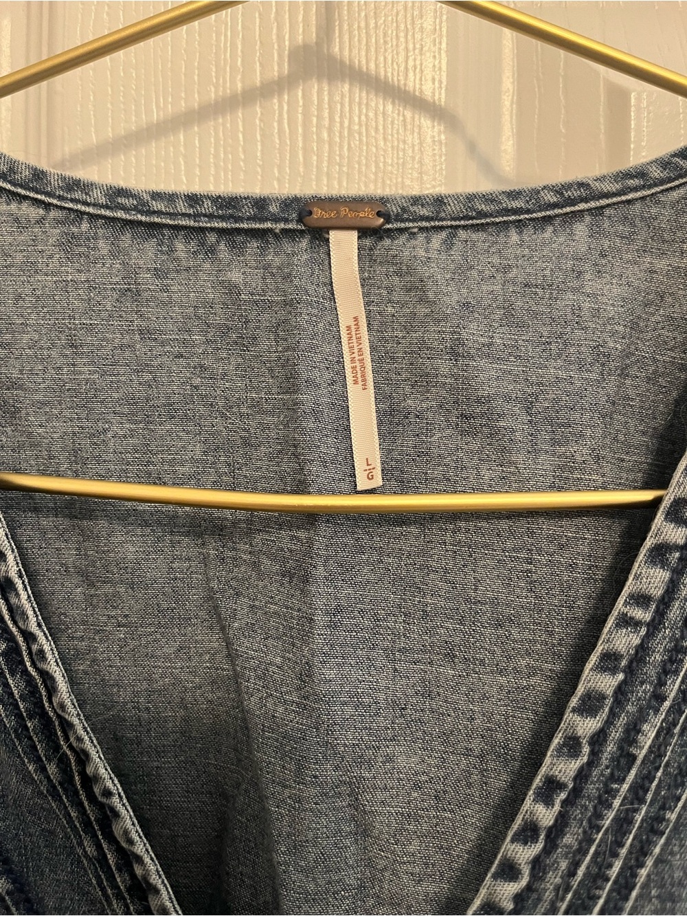 Free People Blue Denim Wash Babydoll Peplum Balloon Sleeve Top L - Picture 3 of 10